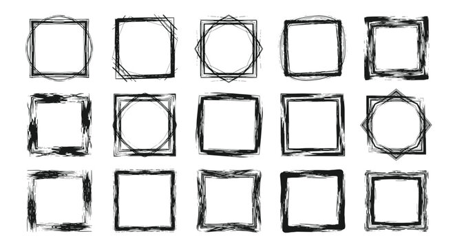 Set of fifteen hand-drawn sketchy square frames in black with various textures and border styles for creative photo and art framing.