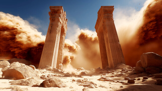 Ancient stone pillars collapsing during a massive desert sandstorm under a blue sky representing the passage of time and the decay of great lost historical civilizations.