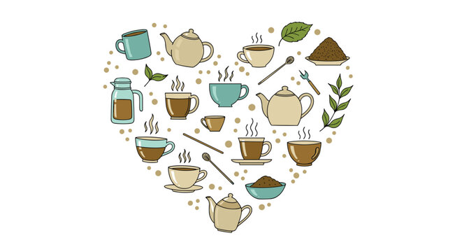Creative arrangement of various tea cups, teapots, and tea-making accessories forming a heart shape on a clean white background.