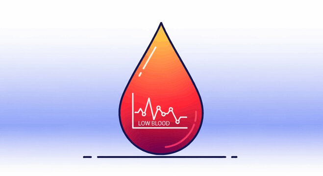 Low Blood Sugar Concept: Blood Drop with Falling Glucose Chart and Text