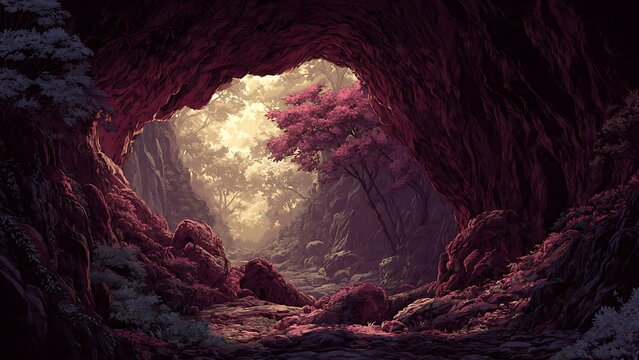 Digital illustration of a dark rocky cave entrance framing a breathtaking view of a hidden magical forest filled with vibrant red trees and lush glowing foliage. Bright warm light
