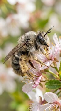 Ashy mining bee andrena cineraria on white cherry blossom flower