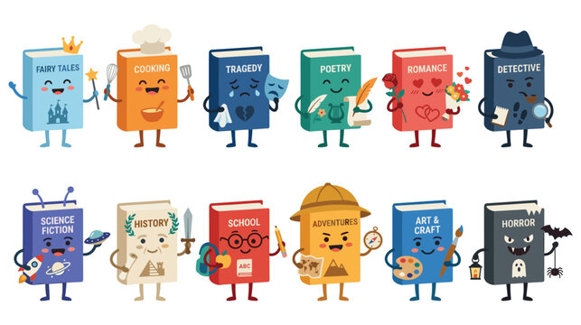 Collection of cute cartoon books representing different genres of literature.