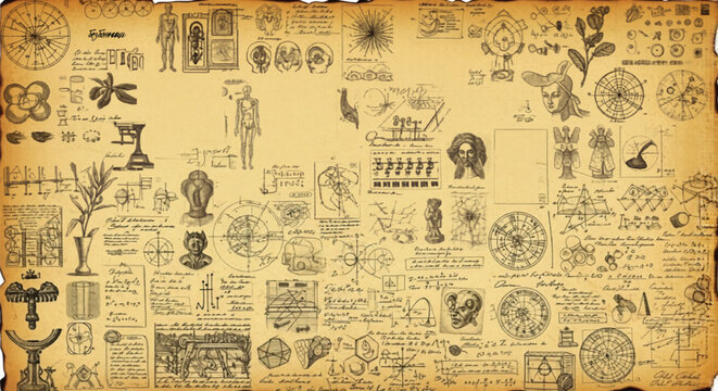 Vintage alchemy and anatomy sketches on aged parchment, occult scientific diagrams and botanical illustrations, antique mystical manuscript vector