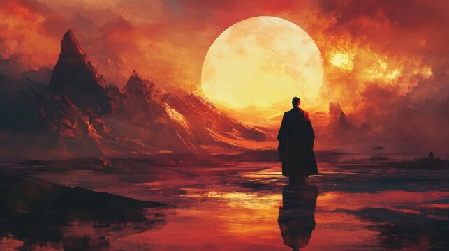 Solitary figure walking through a fiery landscape at sunset. A large, golden sun/moon hovers above the mountains
