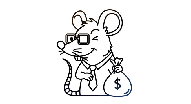 Happy cartoon mouse businessman in glasses holding a money bag with dollar sign