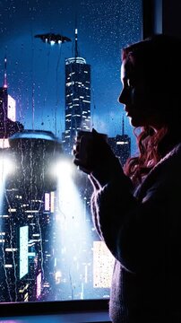 Woman holding a hot cup looking out of a window at a rainy futuristic city
