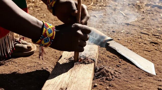 Traditional Fire Making Technique with Close-up of Hands Using a Wooden Hand Drill for Cultural Documentaries and Survival Skills Content.