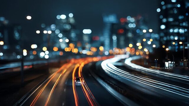 Light trails on busy highway with fast moving cars, illuminated skyscrapers, nighttime cityscape in big city