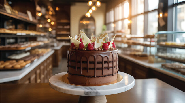Chocolate cake with raspberries and white chocolate on a marble stand in a bakery