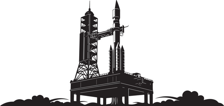 Black silhouette of rocket on launchpad with tower