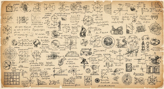 Vintage scientific sketches on aged parchment paper, antique physics and geometry diagrams, retro engineering blueprints and mathematical formulas