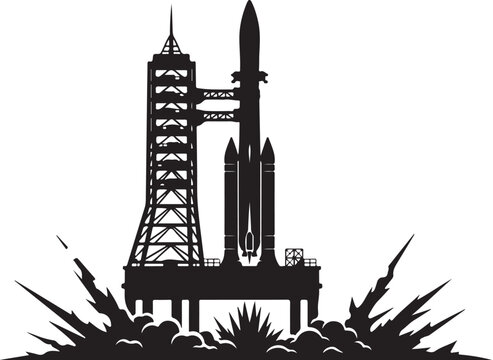Black silhouette of rocket on launchpad with tower