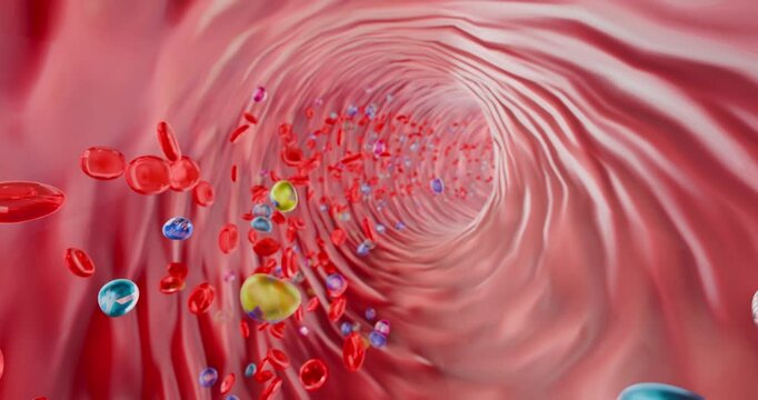 Blood flow with vitamins and minerals, nutrient transport for immune system support and energy metabolism, 3D Rendering
