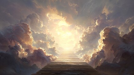 Fototapeta premium A stairway to heaven ascends through dramatic, golden clouds