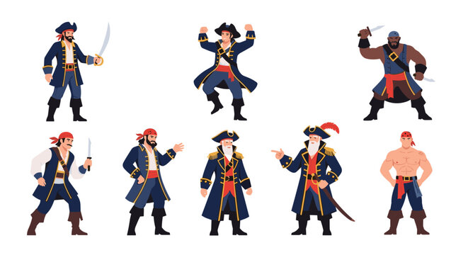 Group of unique pirate characters in various action poses and traditional maritime costumes featuring swords hats and captain uniforms on white.