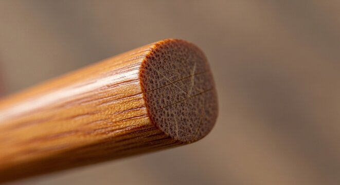 Macro shot of a smooth round wooden dowel end grain texture.