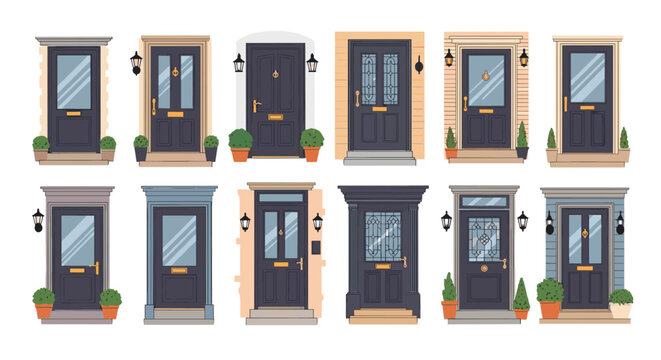 Comprehensive set of residential front doors featuring various colors architectural styles glass inserts and surrounding potted plants for home decor.
