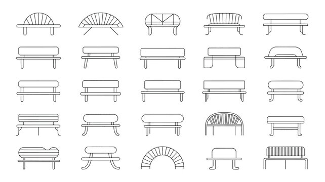Collection of various bench designs and styles in outline format for graphic resources