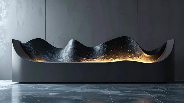 Modern sculptural sofa with wavy back, dark tones, and ambient lighting