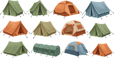 Set of various camping tent vector illustrations including dome and ridge styles for outdoor adventure and tourism. © Ratna