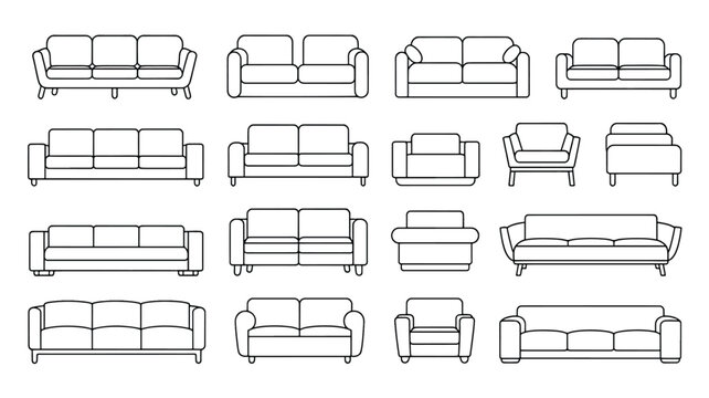 Collection of various sofa and couch designs in line art style