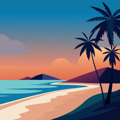 Obraz premium Tropical Beach Palm Trees Waves Sky Copy Space Vector Illustration
