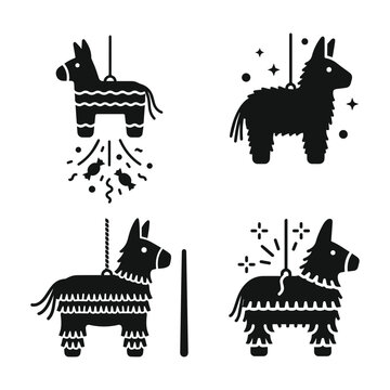 Set of Minimalist black pinata in the shape of a donkey silhouette vector icon