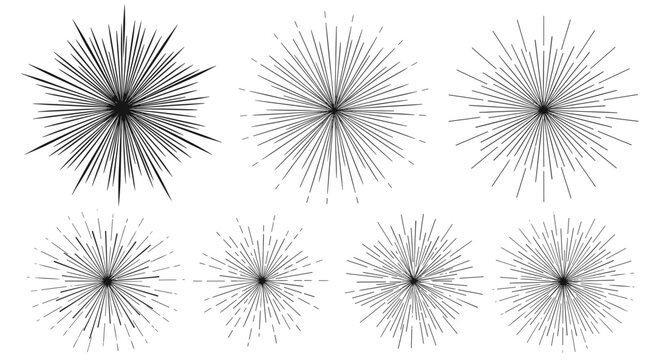 Array of decorative sunburst and starburst designs with thin black lines radiating from central points in various patterns and densities on white.