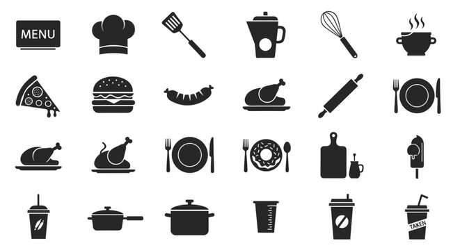 Diverse collection of black food and kitchen silhouette icons featuring items like pizza burgers cooking pots utensils and different drink containers.