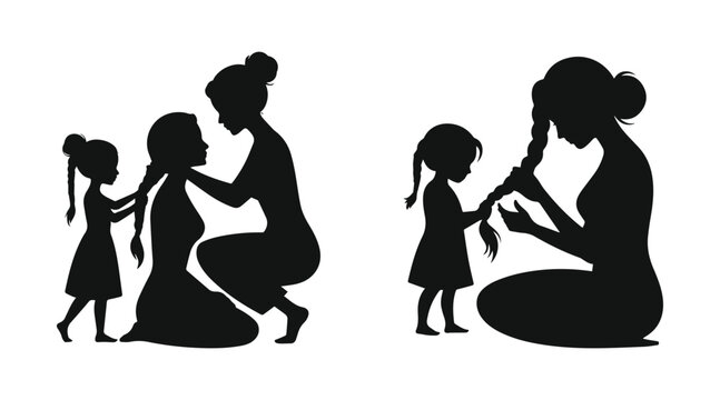 Minimalist black daughter braiding mothers hair silhouette vector icon Set