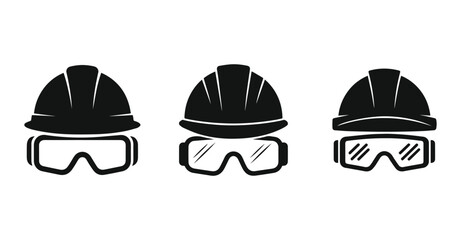 Fototapeta premium Minimalist black hard hat and safety goggles silhouette vector icon set