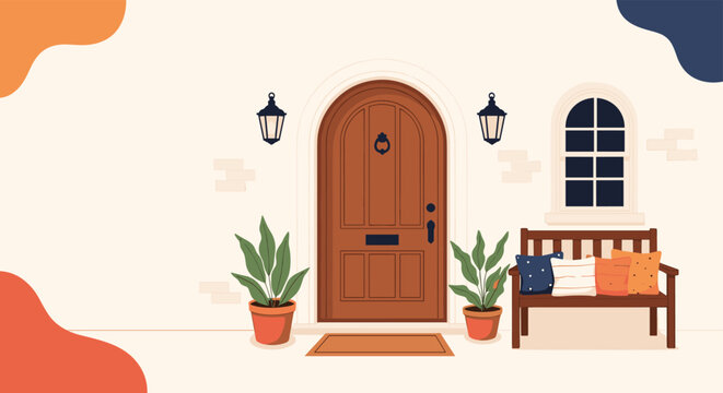 Inviting home entrance illustration featuring a brown arched wooden door a cozy wooden bench with pillows and several green plants in terracotta pots.