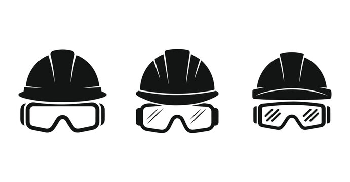 Minimalist black hard hat and safety goggles silhouette vector icon set