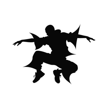Black silhouette dancer, dynamic breakdancer, jumping figure, vector illustration