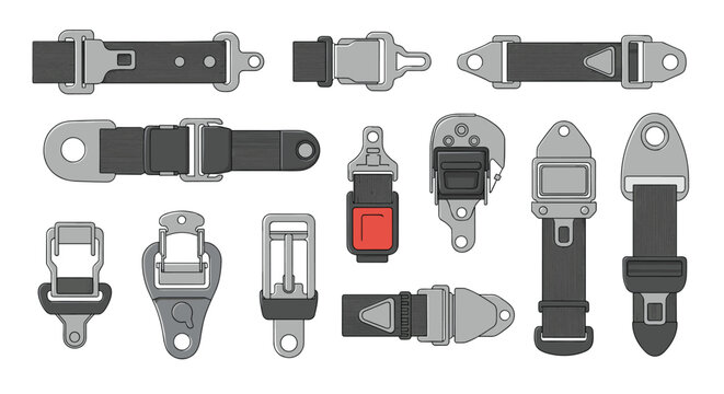 Technical illustrations of various seat belt and buckle types showing different locking mechanisms and straps for vehicle safety and engineering.