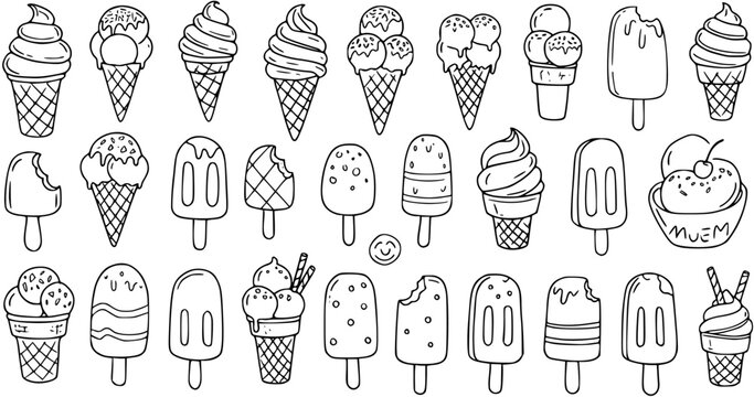 Ice Cream Doodles: Hand-Drawn Vector Illustration of Various Summer Desserts - Cones, Popsicles, and Bowls