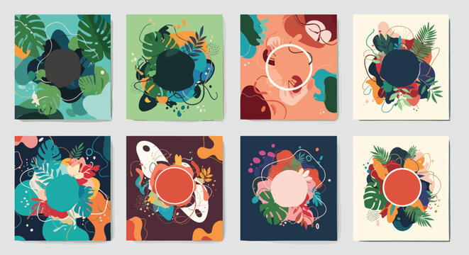 Collection of eight abstract social media templates with colorful organic shapes, tropical leaves, and circular text frames.