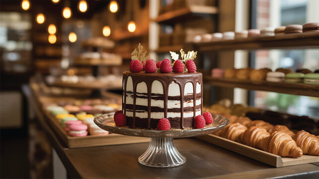 Delicious chocolate cake with raspberries on a glass stand in a bakery