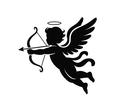 Silhouette of cherubic angel playing hoop with stick vector illustration