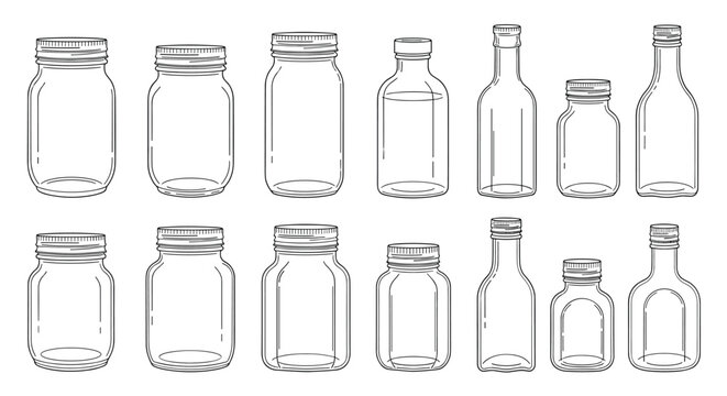 Large set of various empty glass jars and bottles in different shapes and sizes for kitchen storage and packaging design.