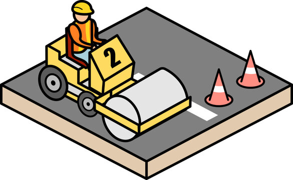 Construction Worker Operating Road Roller or Doing Tyree Roller &ndash; Asphalt Compaction and Roadwork Vector Illustration