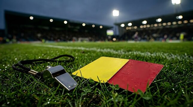 Referee's essential tools a whistle and disciplinary cards resting on the green field, with blurred stadium lights in the background