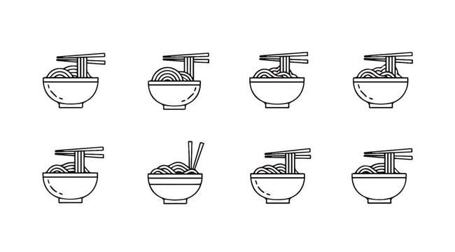 Eight bowls of noodles with chopsticks on a white background