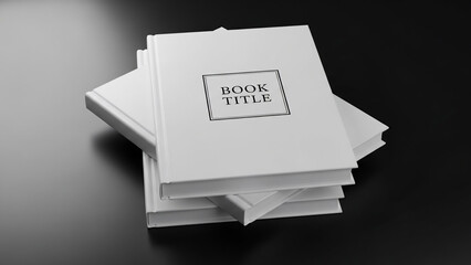 Obraz premium Minimalist Stack of White Books with Blank 'Book Title' Cover on a Dark Background