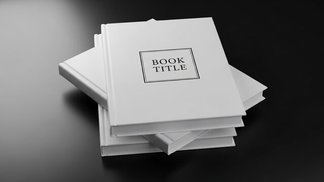 Minimalist Stack of White Books with Blank 'Book Title' Cover on a Dark Background