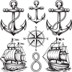 Set of hand drawn nautical anchors, ships, compass and rope knot isolated on transparent background vector design. Vector Illustration © MstSima