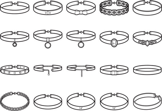 Elegant Choker Collection: A variety of chokers meticulously presented in a refined line art illustration, perfect for fashion and design projects.