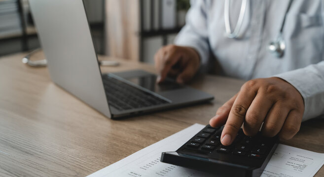 Hand pressing calculator on health insurance document beside laptop performing financial calculation for medical expense accounting, report analysis and cost management process in healthcare claim wor