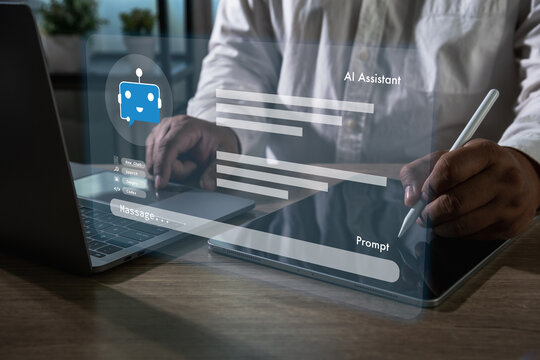 AI chatbot interface on tablet and laptop, user typing prompt and message, customer support communication workflow, automated response system, digital service interaction and online assistance platfor